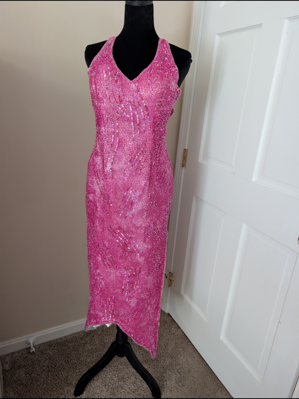 VTG Precious Formals Y2K Pink Beaded Silk Halter Gown Dress XS